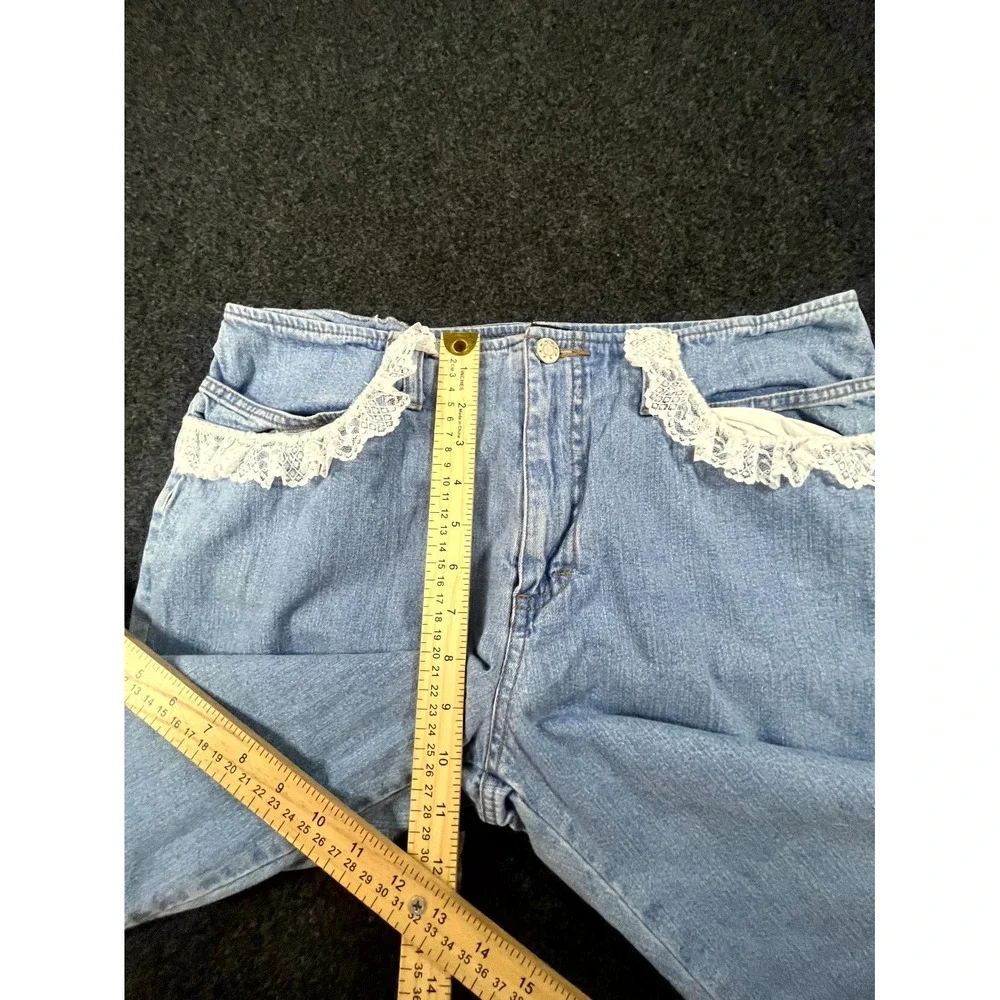 Y2K French Cuff Capri Jeans Women's 12 Blue Denim Embroidered Lace Trim Grunge